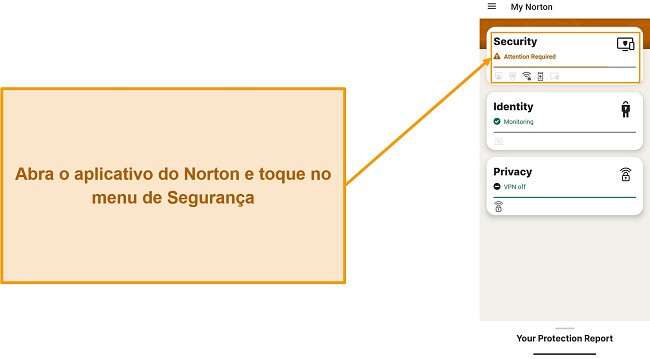 Captura de tela mostrando como abrir o menu Segurança no Norton Mobile Security