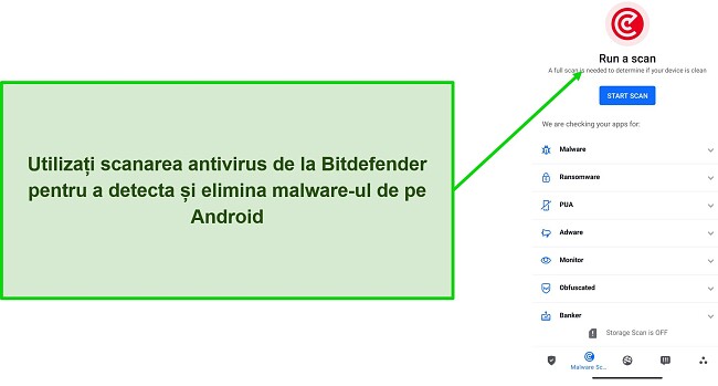 Captură de ecran a scanării virușilor Bitdefender Mobile Security