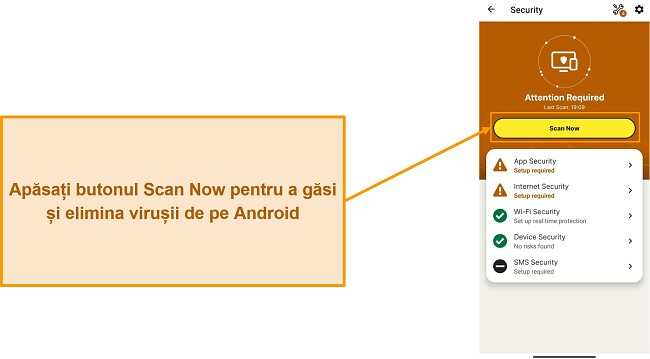 Captură de ecran care arată cum să porniți o scanare în Norton Mobile Security