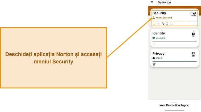 Captură de ecran care arată cum să deschideți meniul Securitate în Norton Mobile Security
