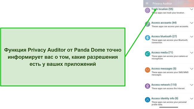 Скриншот, показывающий функцию Privacy Auditor Panda Dome