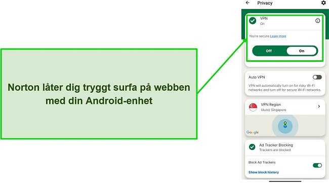 Skärmdump av Norton Mobile Securitys VPN när du är ansluten