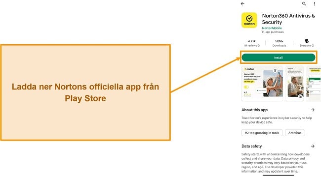 Skärmdump av Nortons officiella app i Google Play Butik