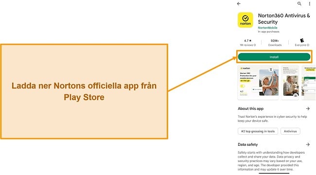 Skärmdump av Nortons officiella app i Google Play Butik