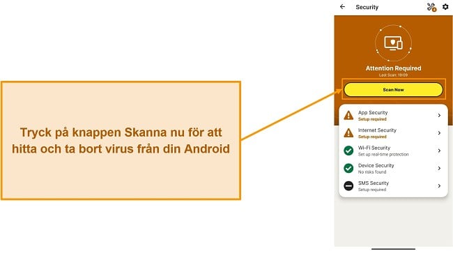 Skärmdump som visar hur man startar en skanning i Norton Mobile Security