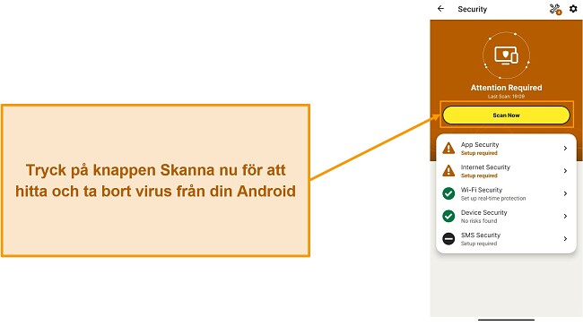 Skärmdump som visar hur man startar en skanning i Norton Mobile Security