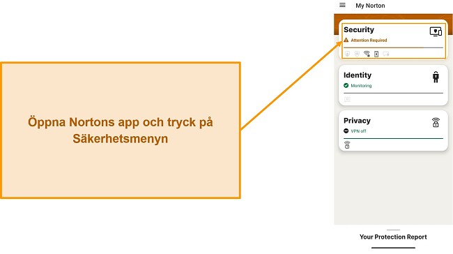 Skärmdump som visar hur du öppnar menyn Säkerhet i Norton Mobile Security