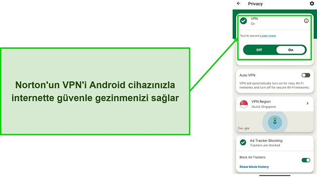 Bağlıyken Norton Mobile Security'nin VPN'inin ekran görüntüsü