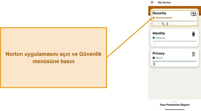 Norton Mobile Security'de Güvenlik menüsünün nasıl açılacağını gösteren ekran görüntüsü