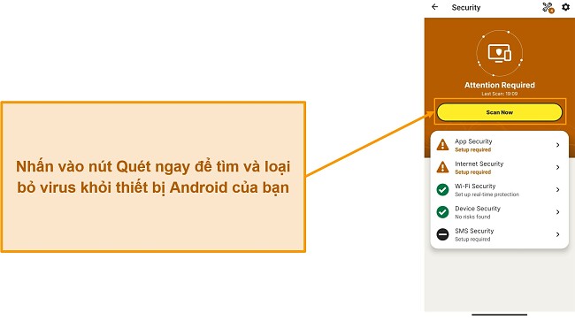 Ảnh chụp màn hình hiển thị cách bắt đầu quét trong Norton Mobile Security