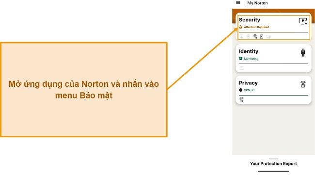 Ảnh chụp màn hình hiển thị cách mở menu Bảo mật trong Norton Mobile Security