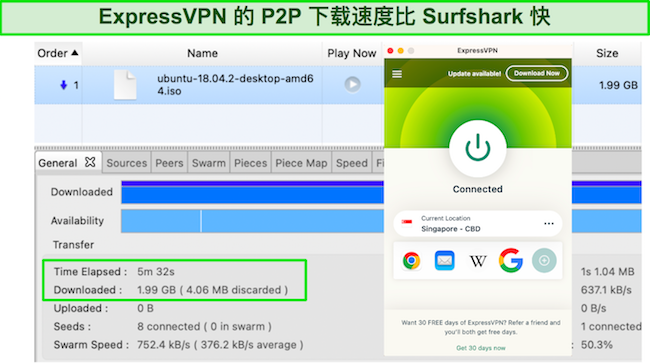 ExpressVPN 连接到新加坡服务器时下载 torrent 的屏幕截图