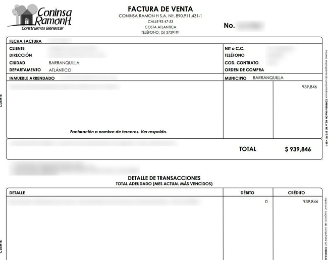 A Coninsa Ramon invoice, with sensitive information redacted