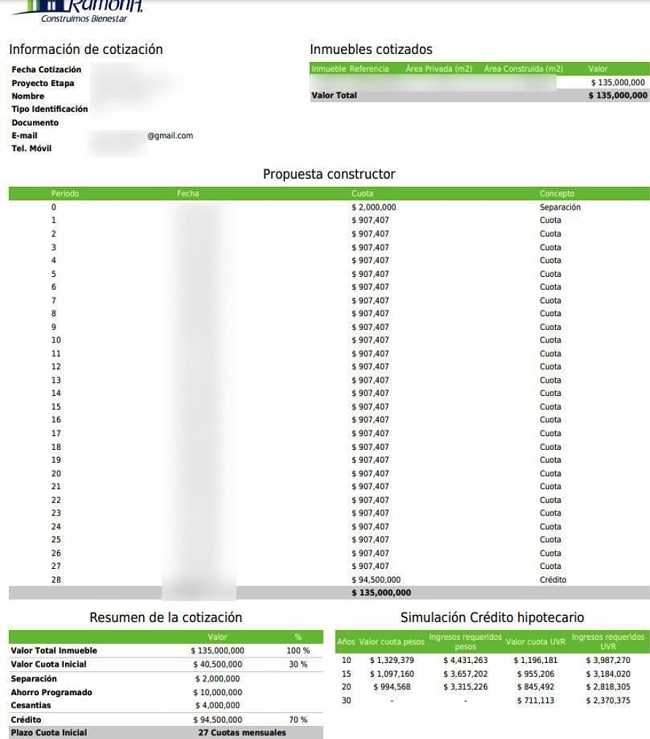 A quote document from a Coninsa Ramon customer with sensitive information redacted