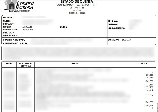 An account statement from a Coninsa Ramon customer, with sensitive information redacted