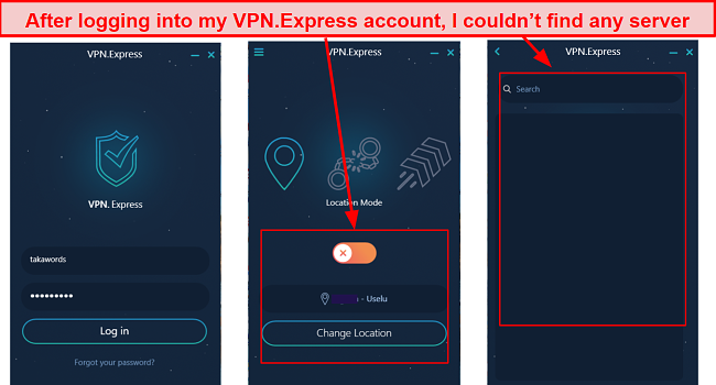 Screenshot of VPN.Express interface, showing no server