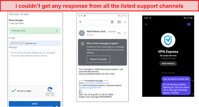 Screenshot of unresponsive chat with VPN.Express support