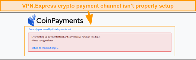 Screenshot of Error message when I tried to pay for VPN.Express with crypto