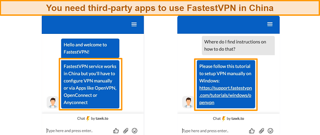 Screenshot of live chat on using FastestVPN in China and using third-party apps