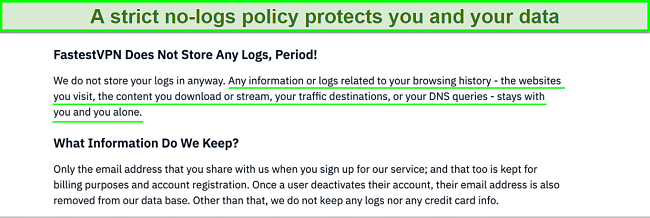 Screenshot of FastestVPN privacy policy