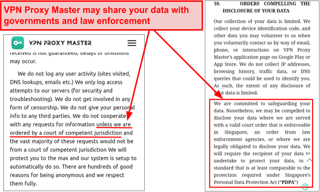 Screenshot of VPN Proxy Master privacy policy