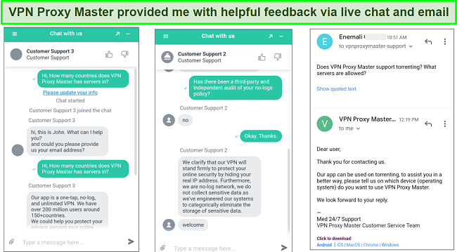 Screenshot of live chat and email support with VPN Proxy Master