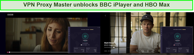 Screenshot of VPN Proxy Master unblocking BBC iPlayer and HBO max