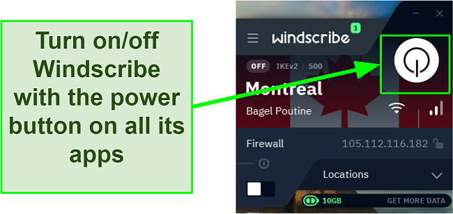 Screenshot showing how to power on Windscribe VPN