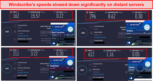 Screenshot of Windscribe speed test results in 4 locations