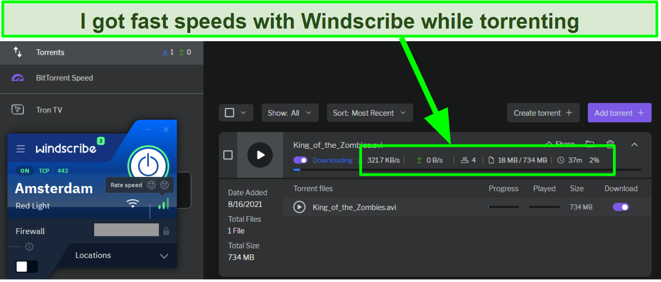 Screenshot of fast speeds while torrenting with Windscribe