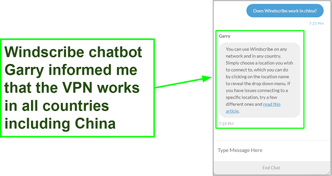 Screenshot of chat with support showing that WIndscribe works in China