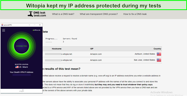 Screenshot of DNS Leak test with Witopia servers