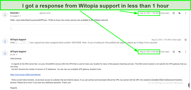 Screenshot of fast email response time with Witopia customer support