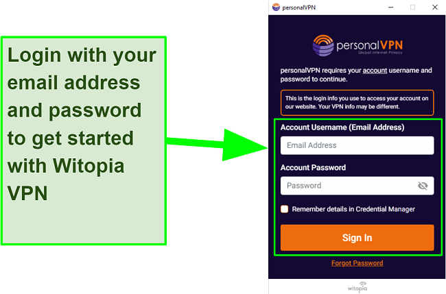 Screenshot of Witopia VPN sign in interface.