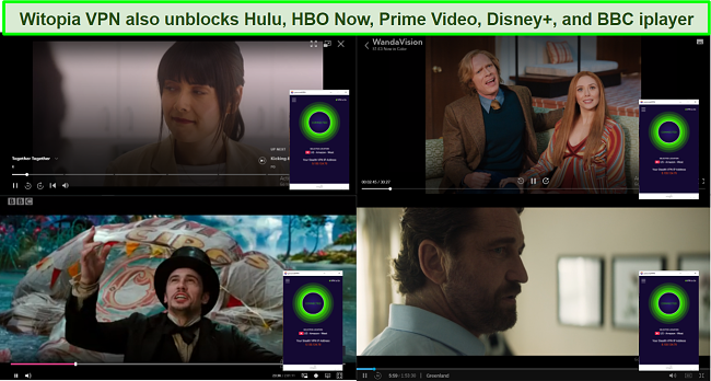 Screenshot of Witopia VPN unblocking Hulu, Prime Video, HBO Now, Disney+, and BBC iPlayer