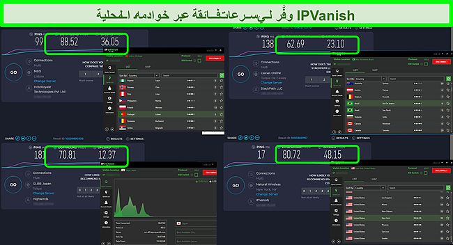 لقطة شاشة لأربعة اختبارات سرعة أثناء الاتصال بخوادم IPVanish المختلفة.