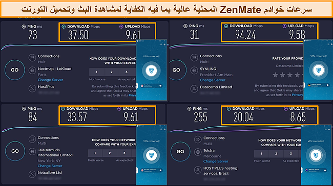 لقطة شاشة لنتائج اختبار سرعة ZenMate من فرنسا وألمانيا والولايات المتحدة وأستراليا.