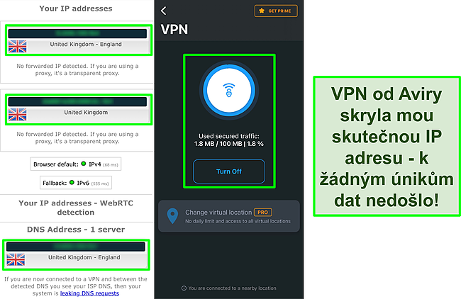 Snímek obrazovky VPN společnosti Avira spojený s výsledky testu úniku IP, který neukazuje žádné úniky dat.