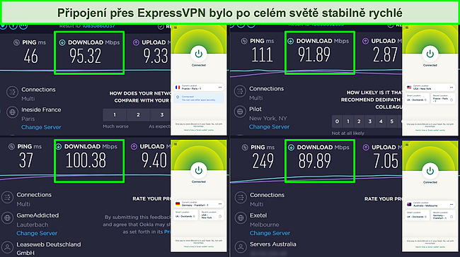 Snímek obrazovky testu rychlosti Ookla s aplikací iOS ExpressVPN připojenou k více serverům po celém světě.