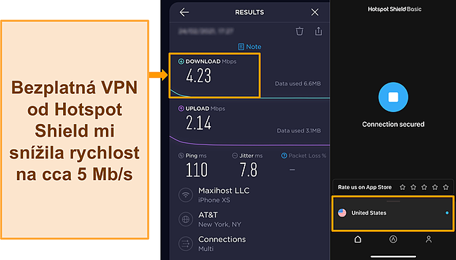 Snímek obrazovky testu rychlosti Ookla s Hotspot Shield připojeným k americkému serveru.