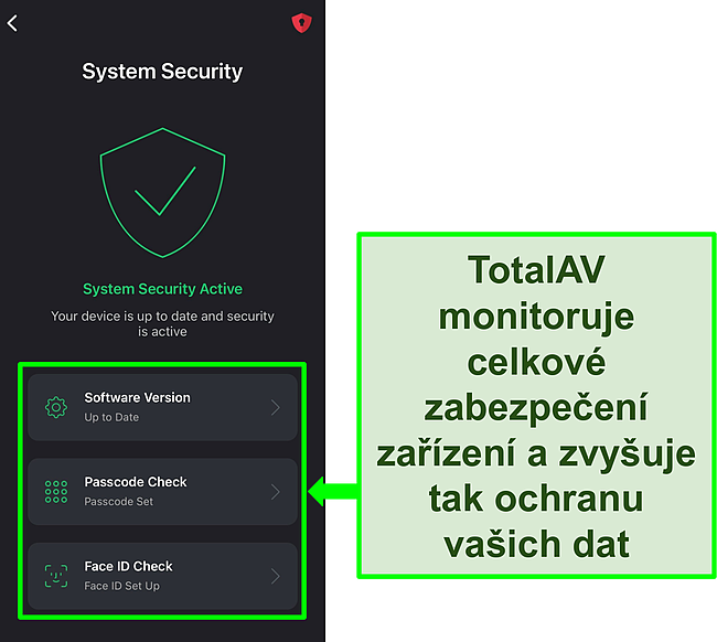 Snímek obrazovky aplikace TotalAV pro iOS s otevřenou funkcí zabezpečení systému a zvýrazněnými nástroji zabezpečení.