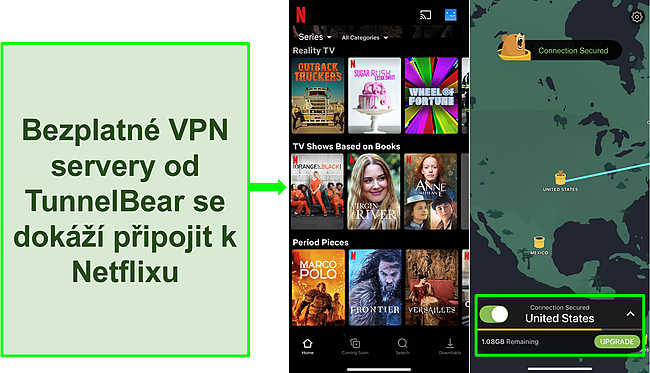 Snímek obrazovky TunnelBear připojeného k americkému serveru s Netflixem zobrazujícím obsah pouze pro USA.