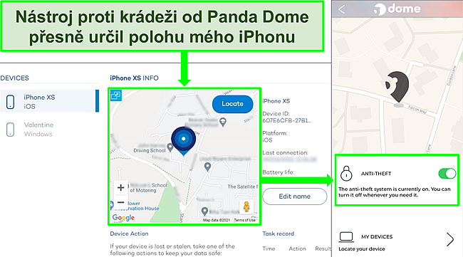 Snímek obrazovky nástroje proti krádeži Panda aktivního v aplikaci pro iOS s přesnou polohou zobrazenou na webových stránkách zařízení Panda.