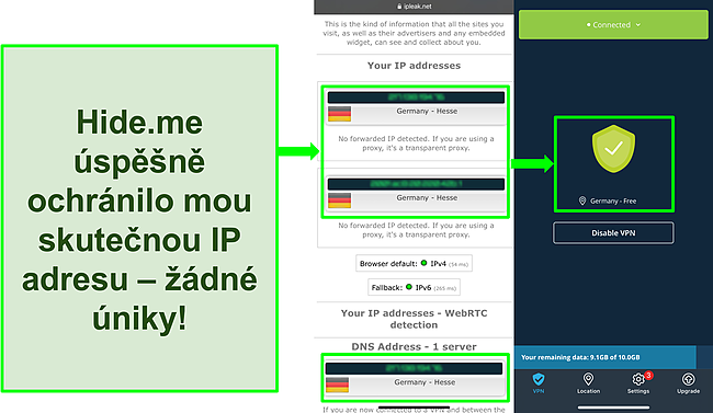 Screenshot testu úniku IP zobrazující německá umístění s hide.me připojeným k německému serveru.