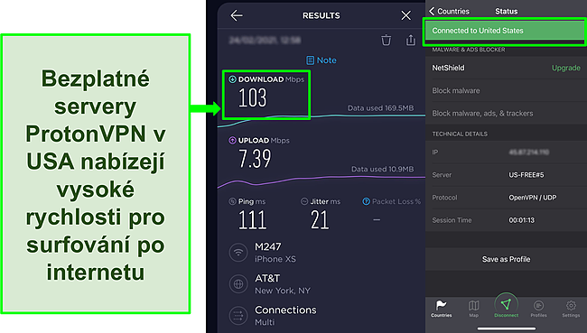 Screenshot výsledku testu rychlosti Ookla při připojení k jednomu z bezplatných amerických serverů Proton VPN.