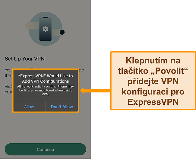 Snímek obrazovky aplikace ExpressVPN pro iOS vyžadující povolení k povolení konfigurací VPN.