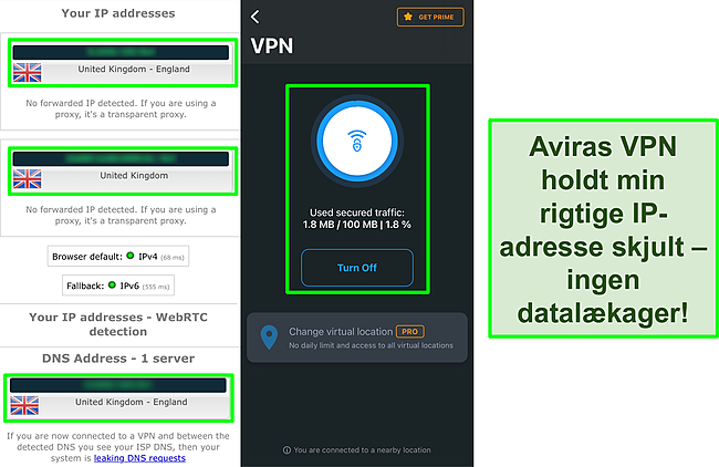 Skærmbillede af Aviras VPN forbundet med resultaterne af en IP-lækagetest, der ikke viser datalækager.