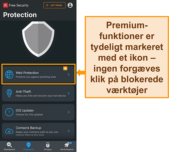 Skærmbillede af Aviras iOS-app med premium-funktionsikon fremhævet.