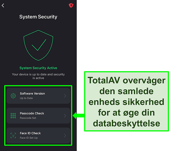 Skærmbillede af TotalAVs iOS-app med systemsikkerhedsfunktion åben og sikkerhedsværktøjer fremhævet.