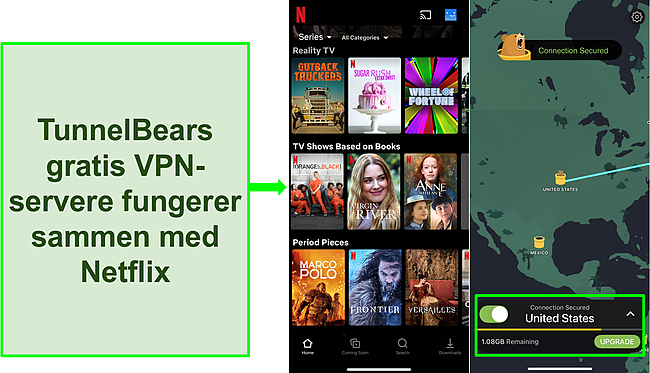 Skærmbillede af TunnelBear, der er forbundet til en amerikansk server med Netflix, der kun viser indhold i USA.